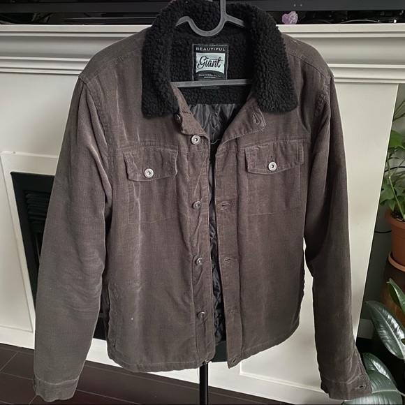 dark grey/brown corduroy button-up jacket with pockets - Picture 1 of 4